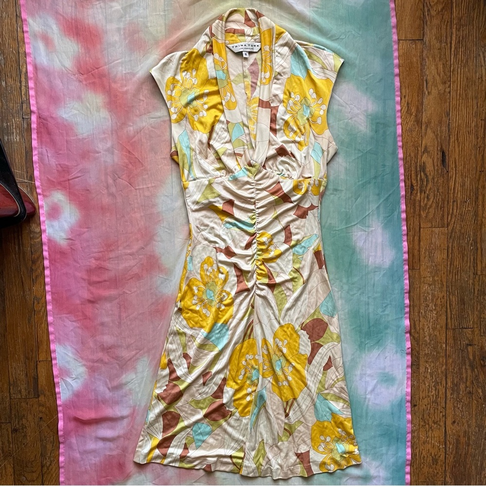 Vintage 90s Trina Turk Groovy Floral Bias Cut Silk Dress 🌻🪺🤎